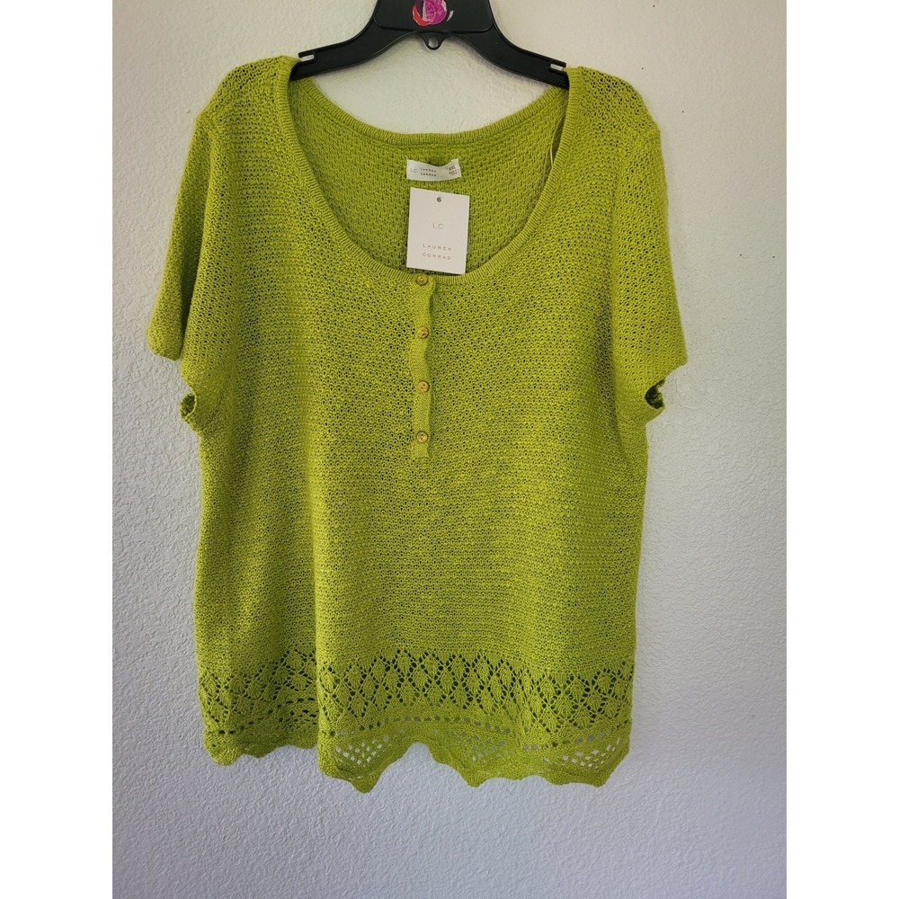 LC Lauren Conrad Women XXL Lime Green Crochet Henley Short Sleeve Sweater NWT #3